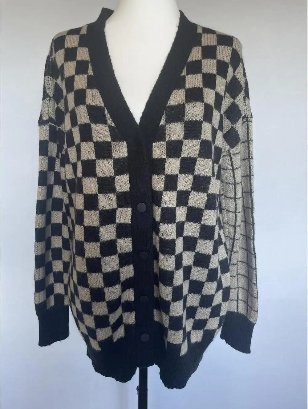 Philanthropy Checkerboard Oversized Cardigan SweaterSmall Black Grandpa Grunge